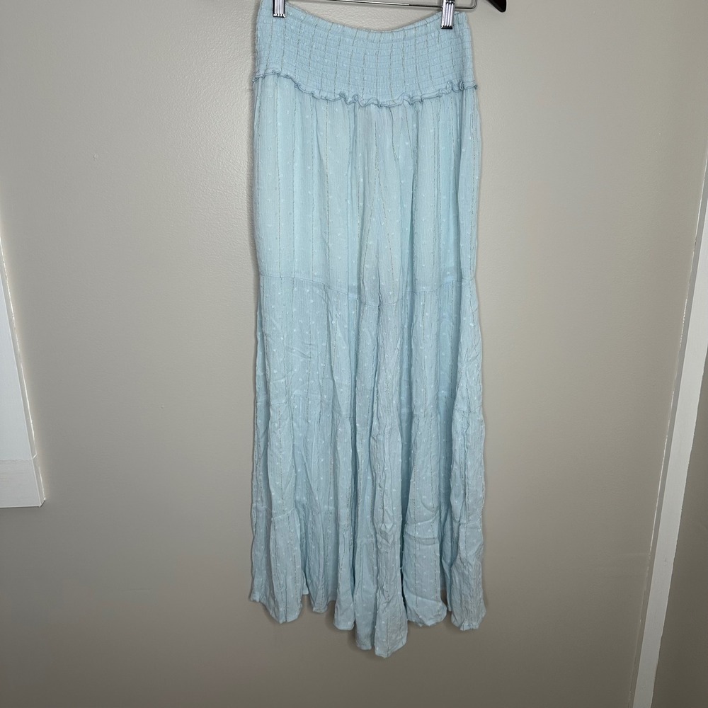 Surf Gypsy Women's Blue Smocked Waist Tiered Maxi Skirt Gauze Dot Metallic S NWT